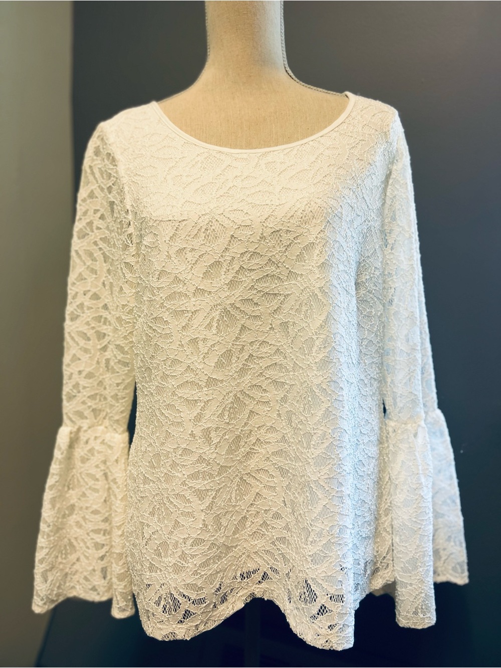 Calvin Klein White Lace Flared Bell Sleeve Top L